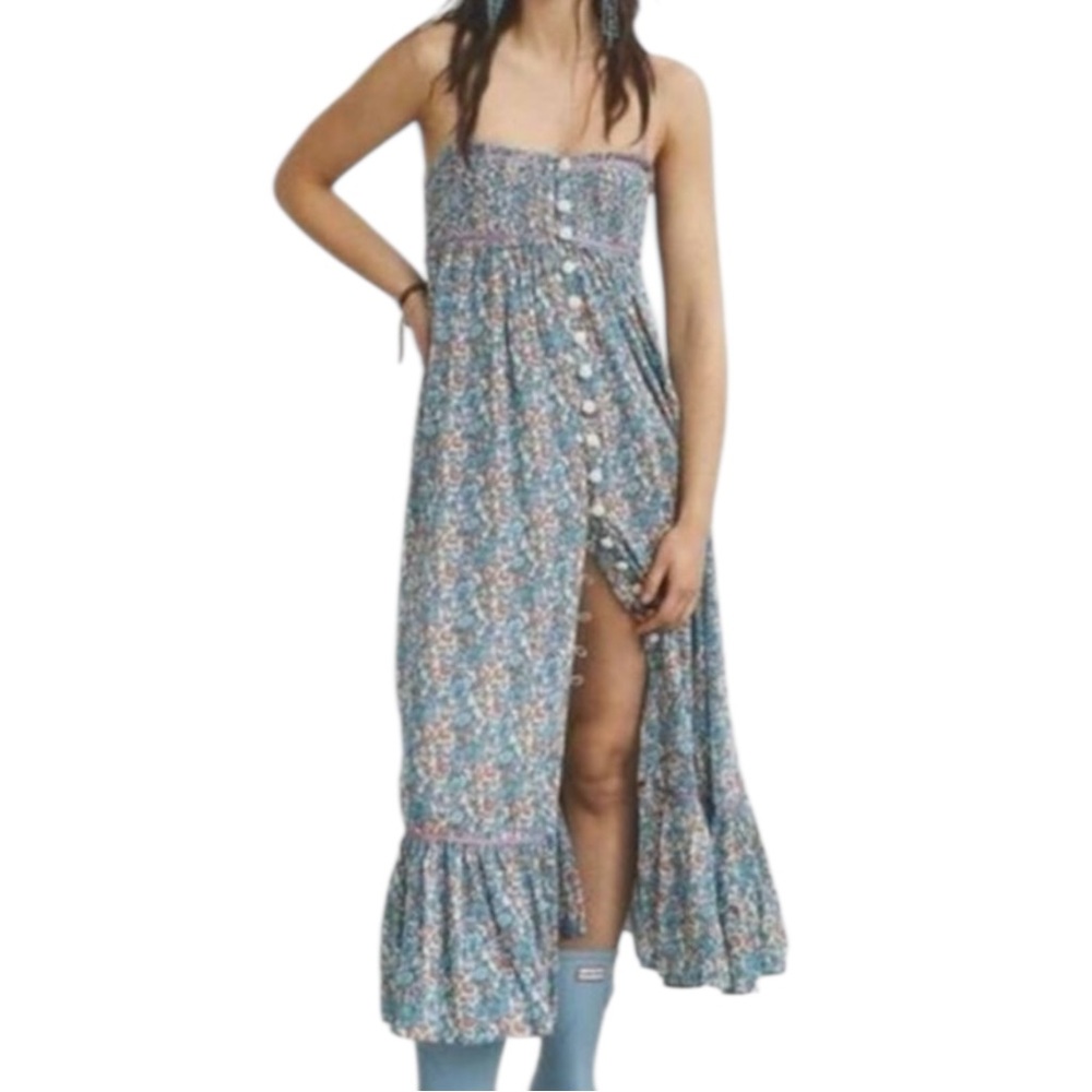 Free People Molly Jo Midi Dress Smocked Blossom combo Blue floral XS